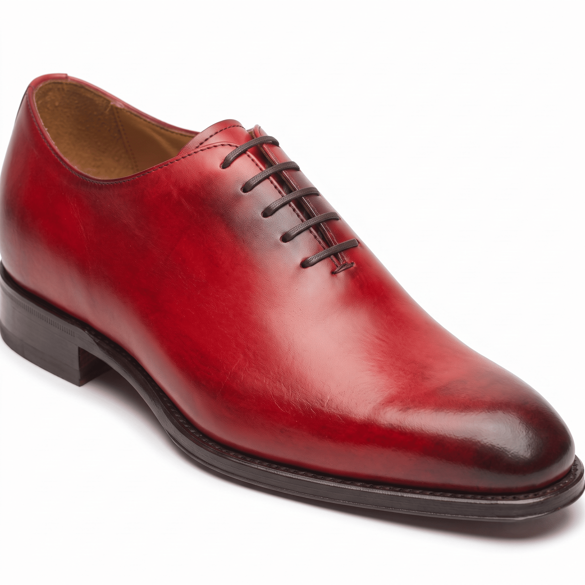 Side profile of red genuine leather cap-toe Oxford shoes for men with a sleek formal silhouette.