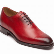 Side profile of red genuine leather cap-toe Oxford shoes for men with a sleek formal silhouette.