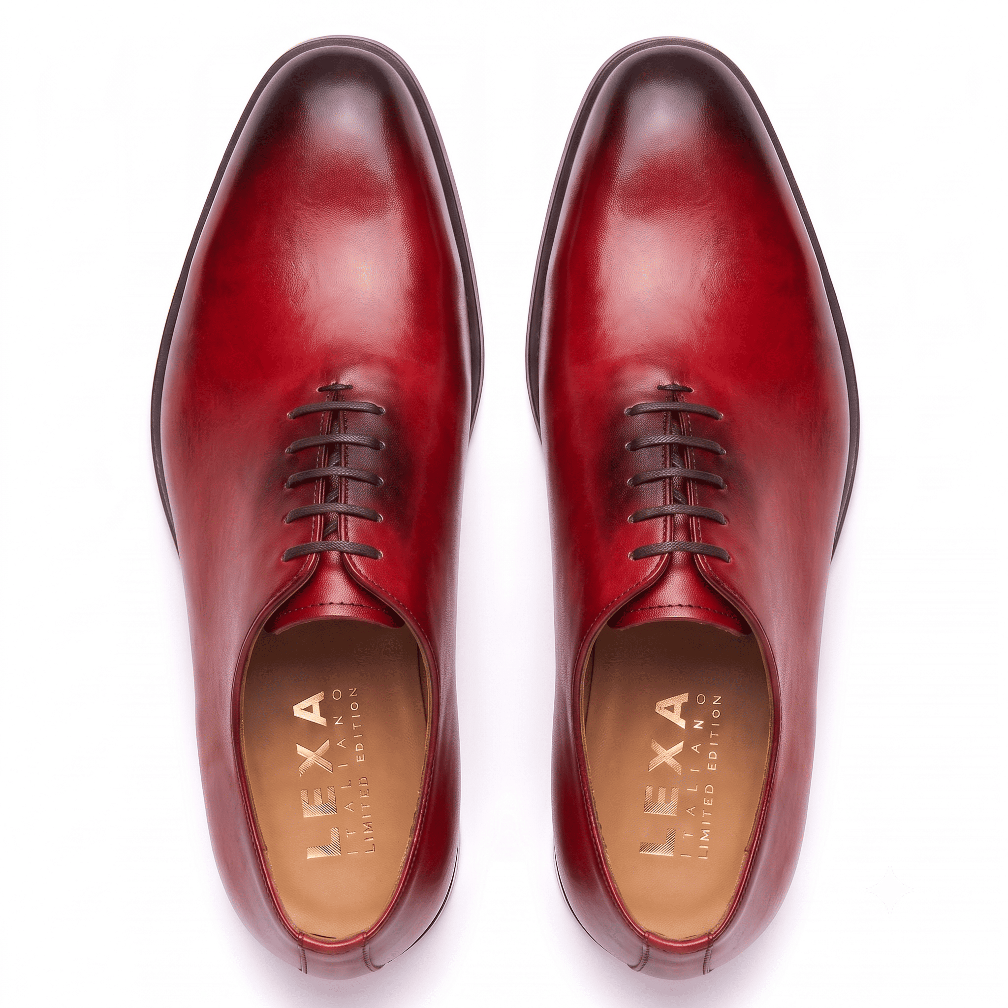 Top view of red hand-painted leather Oxford dress shoes for men showing the lace-up closure and premium craftsmanship.