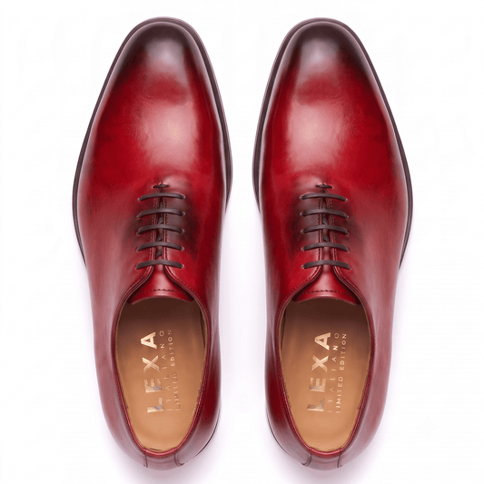 Top view of red hand-painted leather Oxford dress shoes for men showing the lace-up closure and premium craftsmanship.