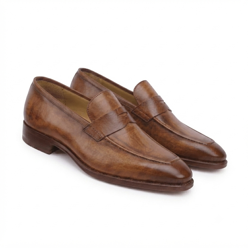 Brown leather penny loafers for men with polished finish