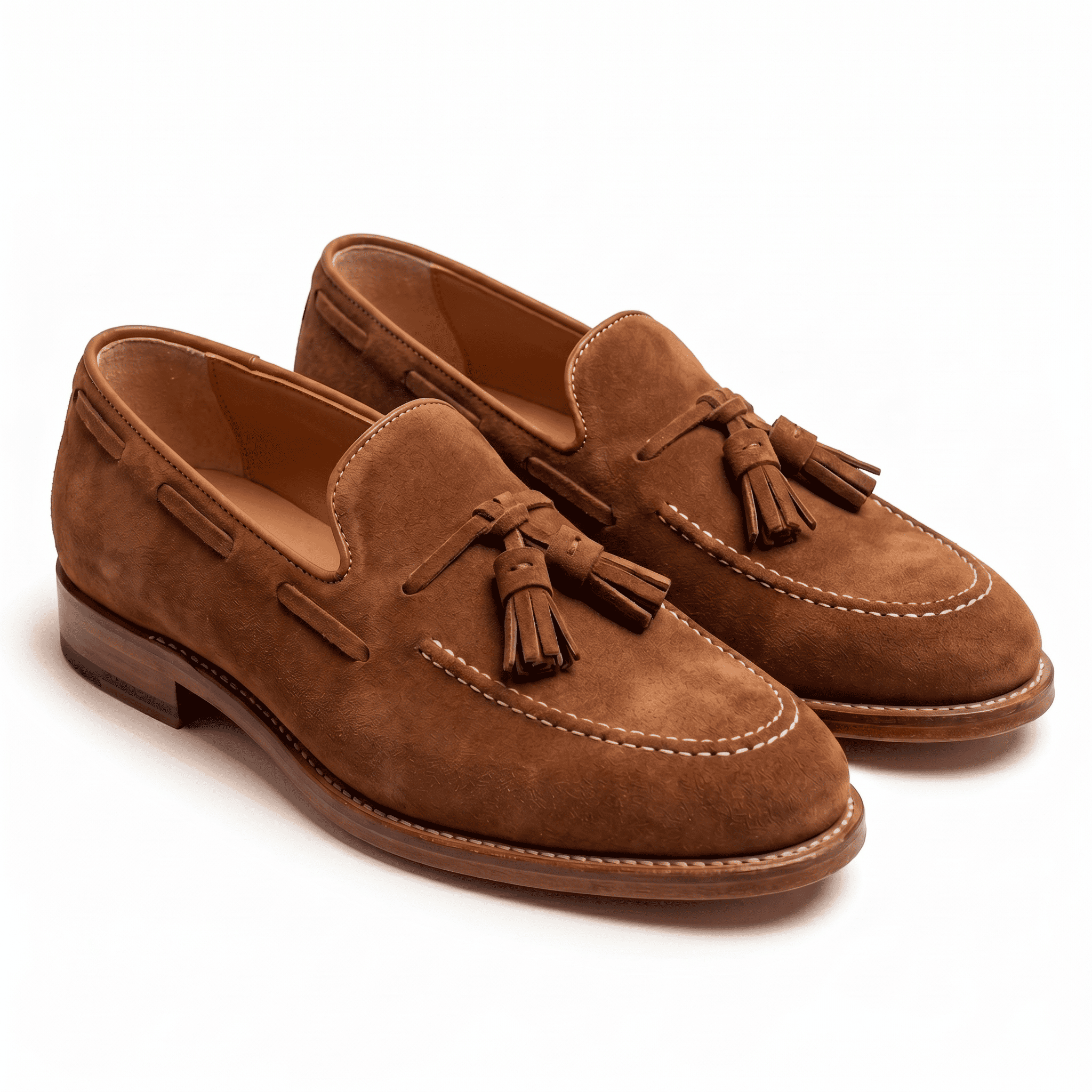 Tan suede tassel loafers for men angled side view