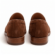 Rear view of tan suede tassel loafers