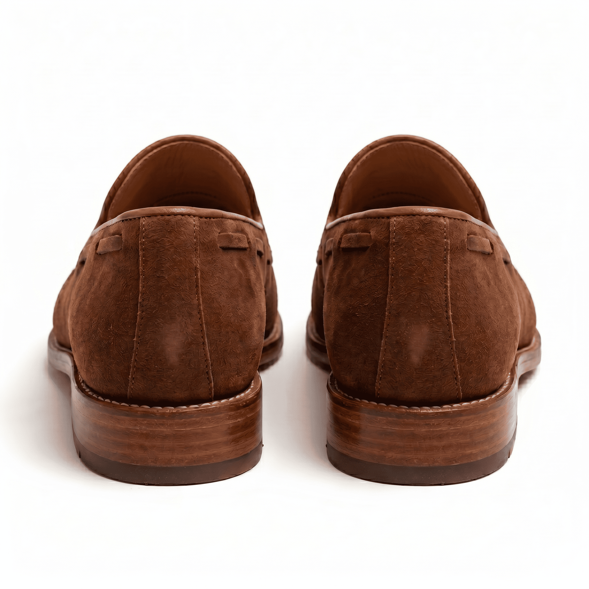 Rear view of tan suede tassel loafers