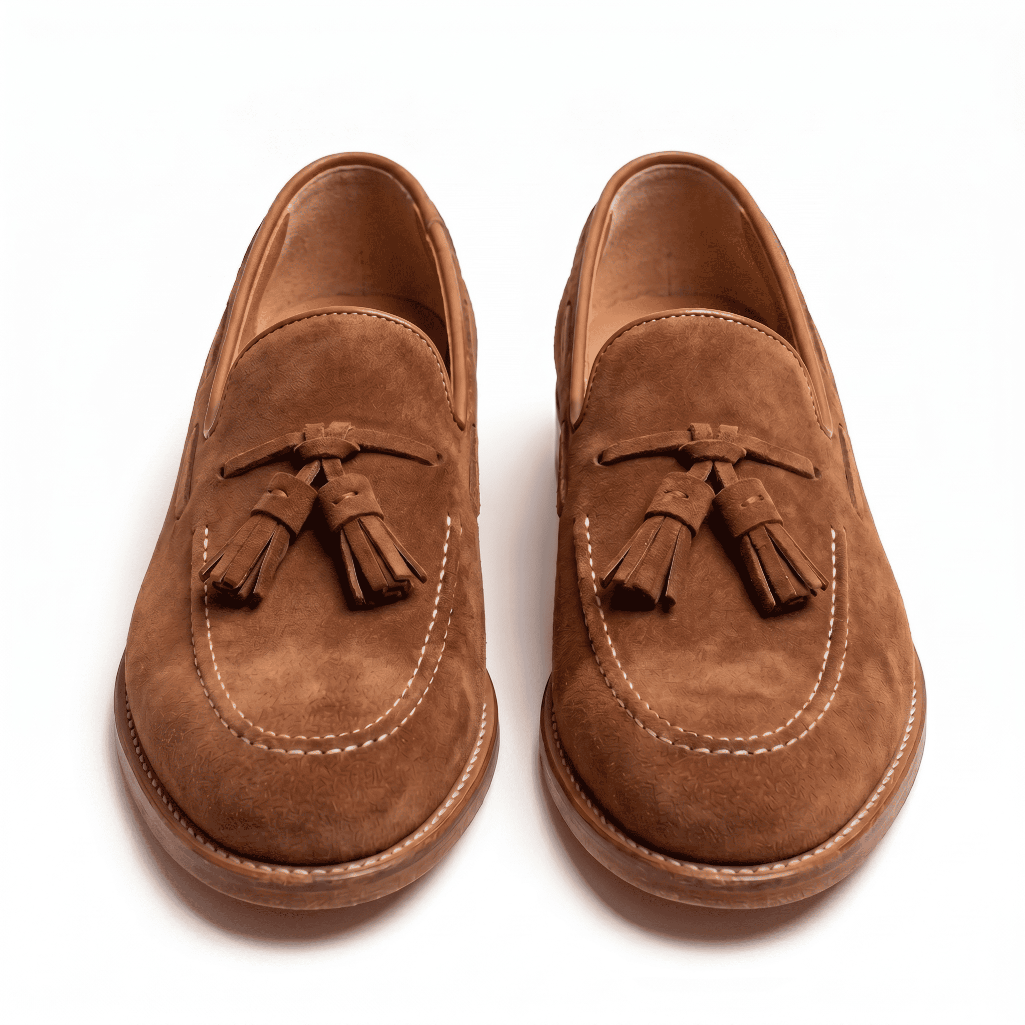 Front top view of tan suede tassel loafers for men
