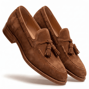 Tan suede tassel loafers men side profile
