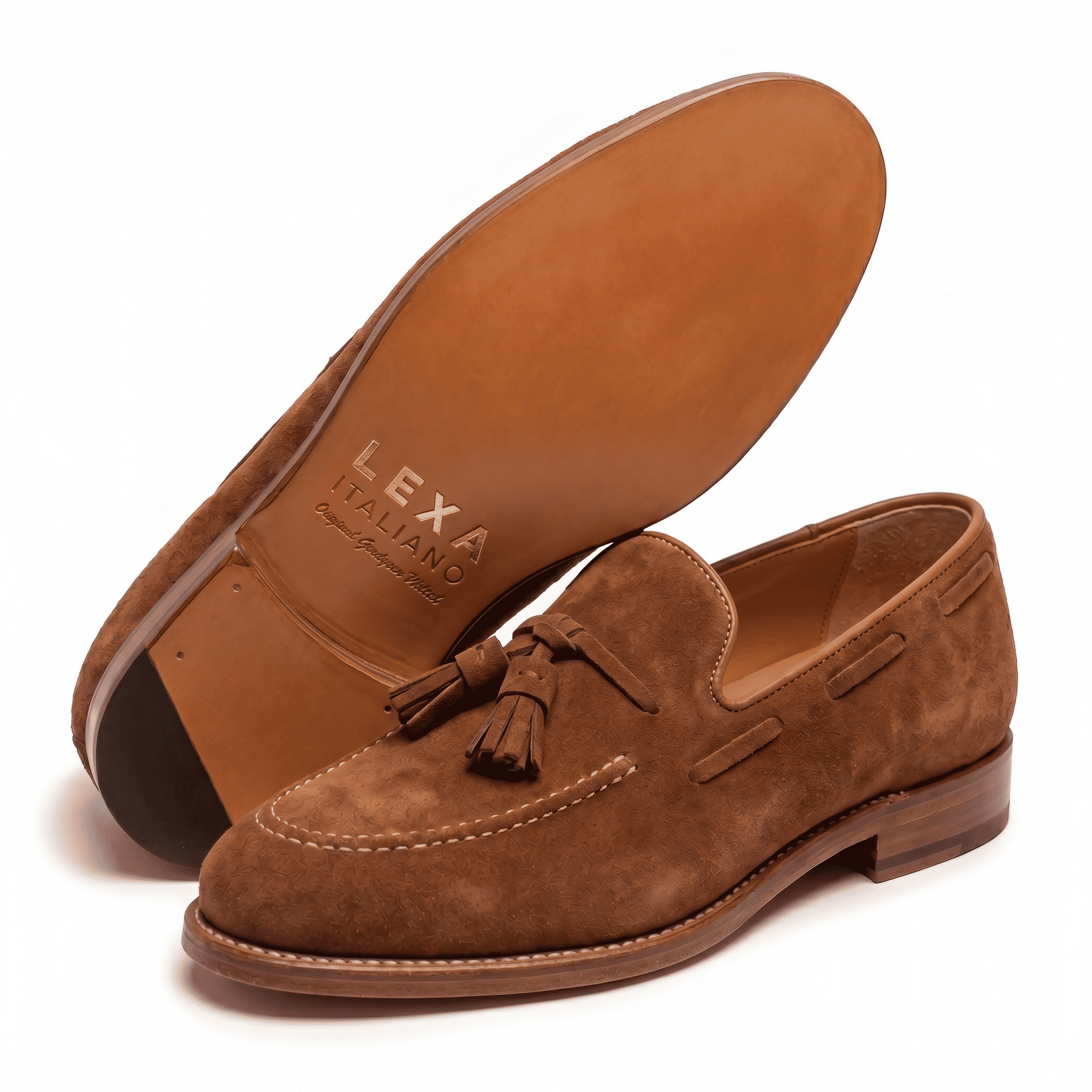 Sole view of tan suede tassel loafers for men