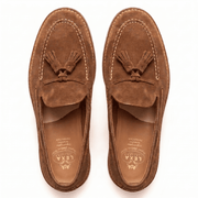 Top view of tan suede tassel loafers for men