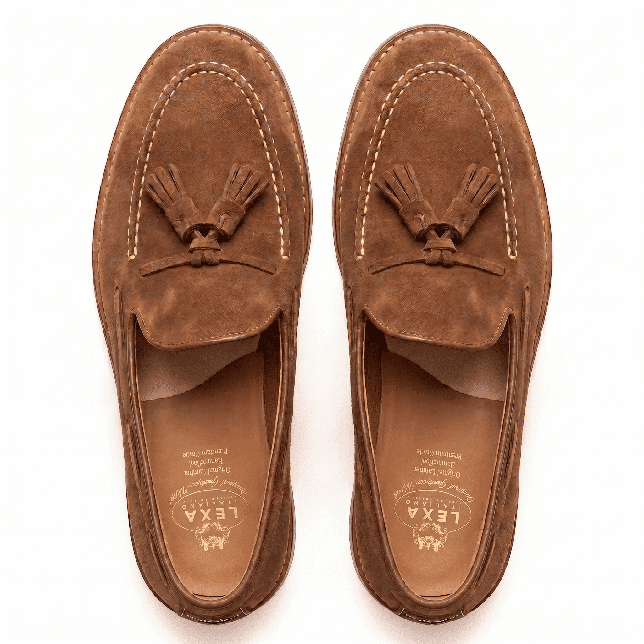 Top view of tan suede tassel loafers for men