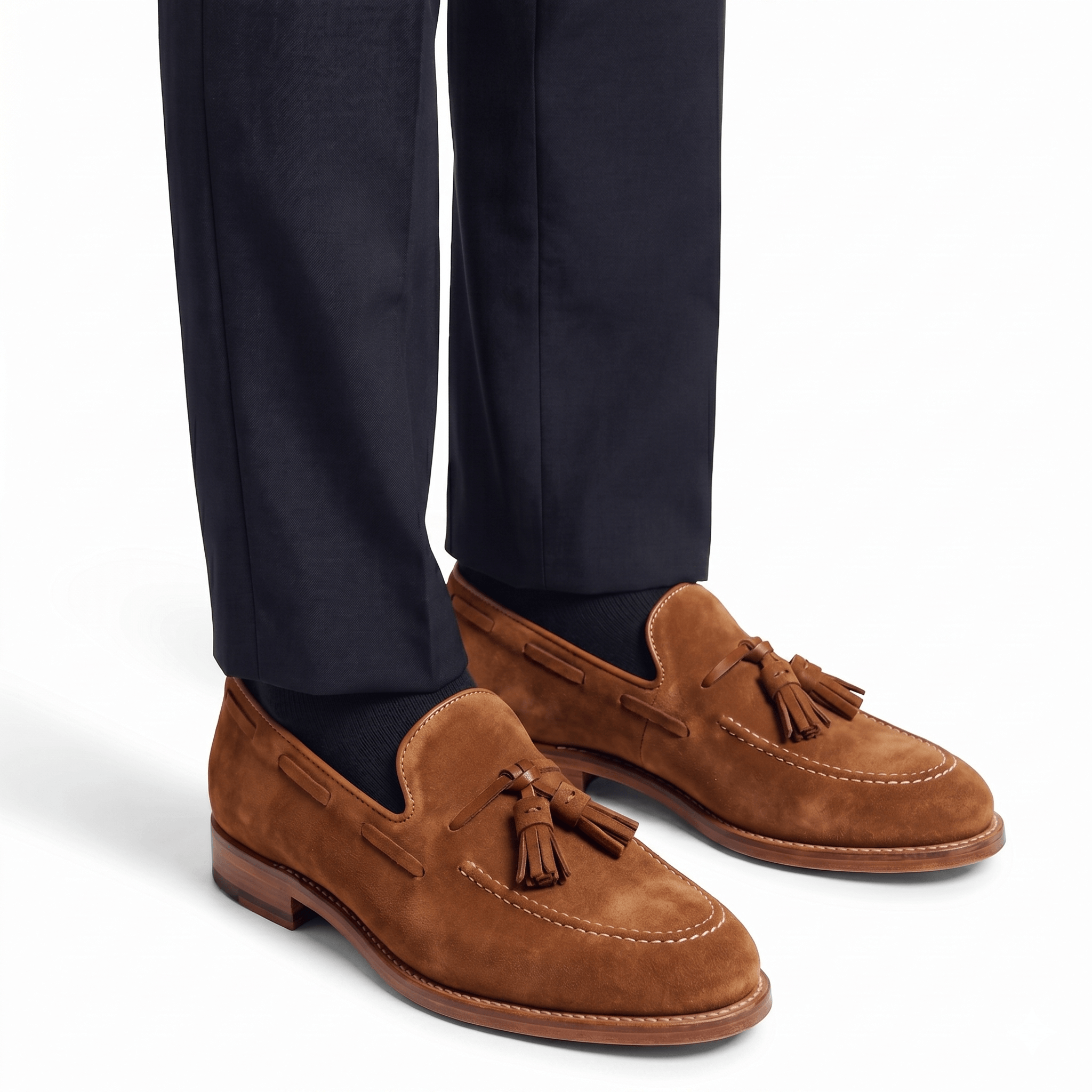 Men wearing tan suede tassel loafers with formal trousers
