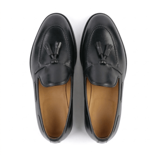 top view black leather tassel loafers men classic design