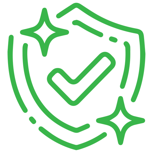 A minimalist website icon featuring a circular border enclosing a green line-art graphic of a shield with a checkmark and two sparkles, positioned above the bold black text '2 Years Warranty' against a solid white background.